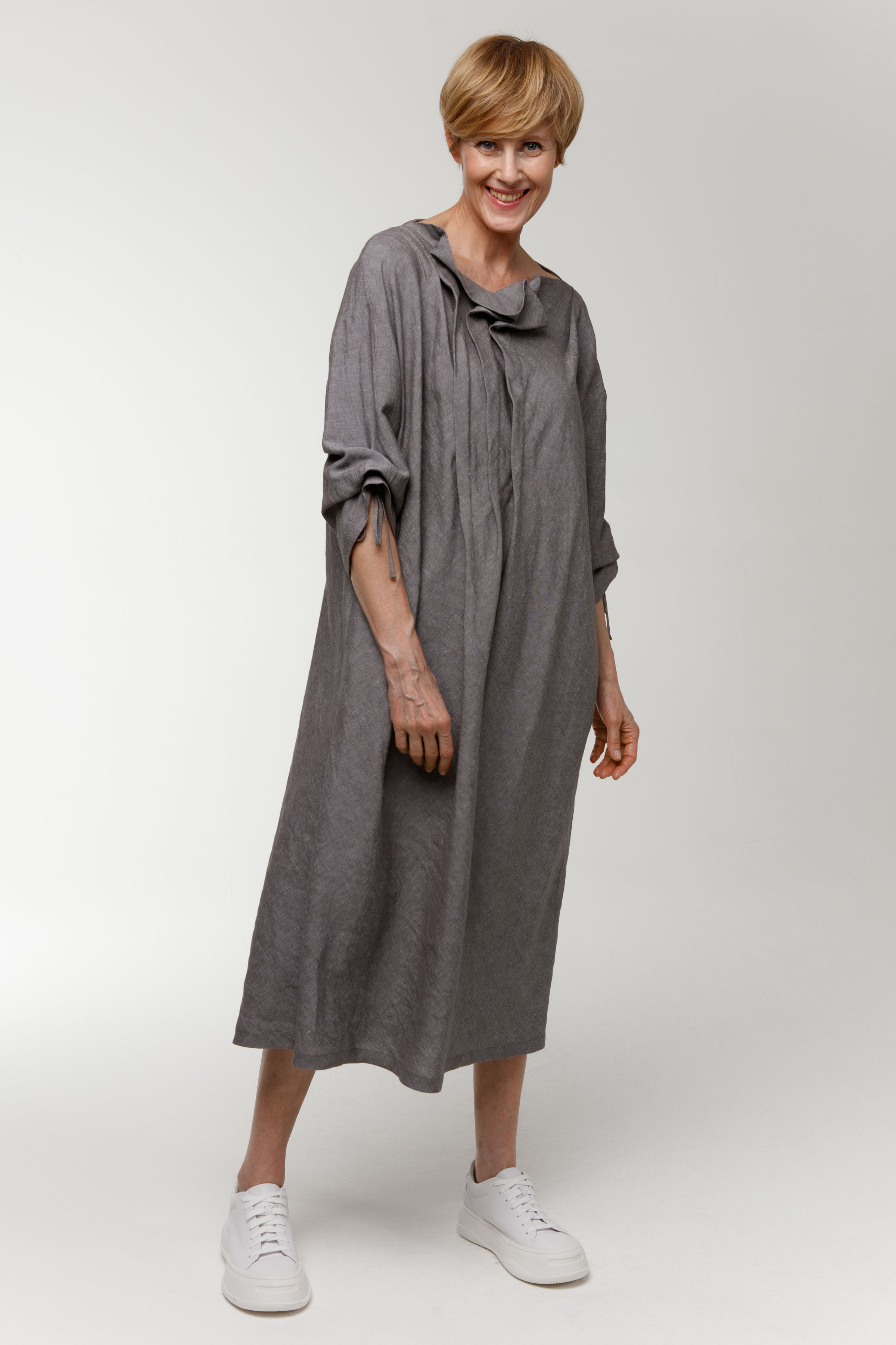 Платье с асимметричными складками, лён 15 Серый меланж (melange gris) от Lesel (Лесель)! Заказывайте по ✆ 8 (800) 777 02 37