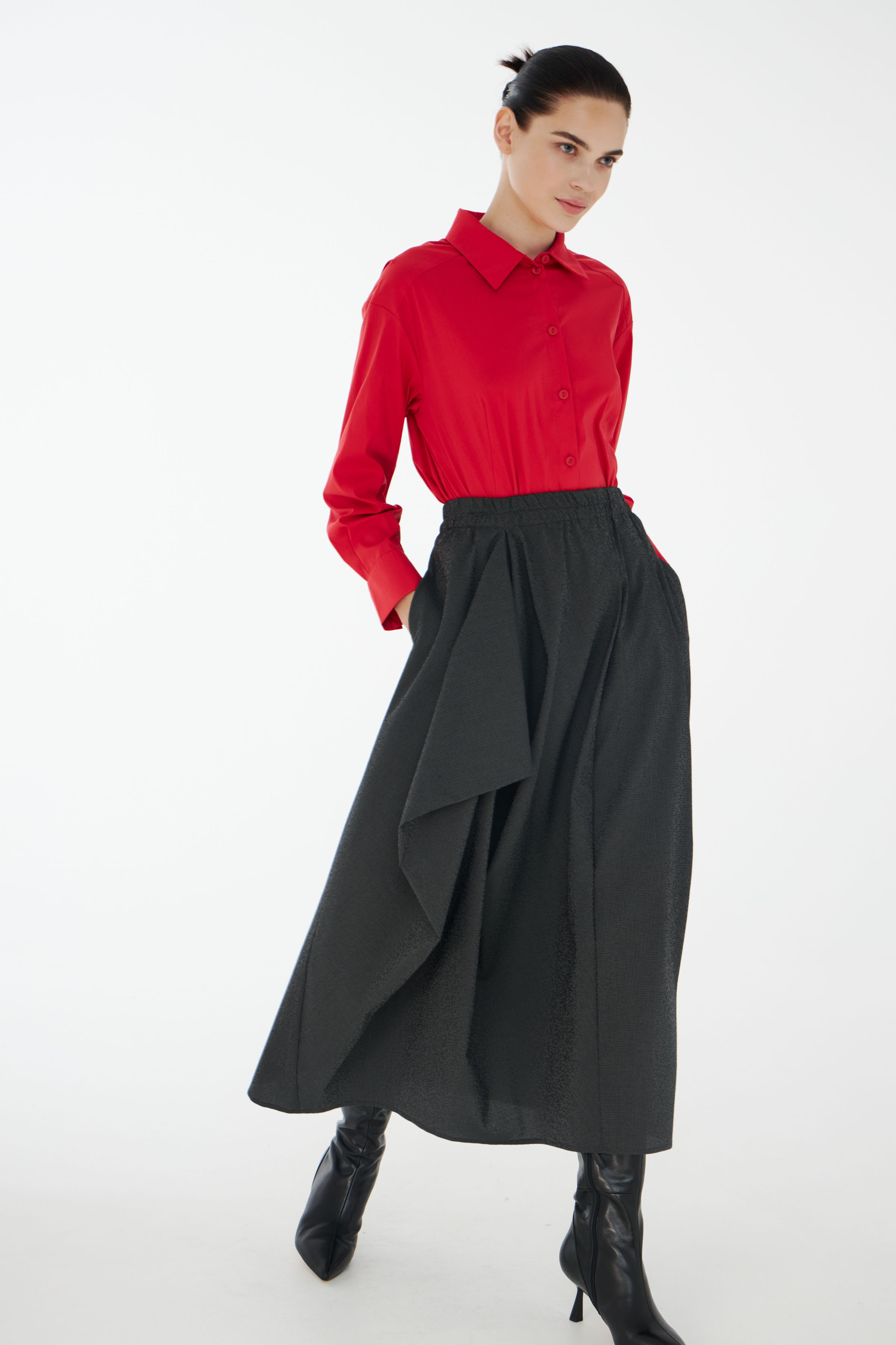 Юбка длинная с драпировкой, клетка Виши 11 Антрацит (anthracite) от Lesel (Лесель)! Заказывайте по ✆ 8 (800) 777 02 37