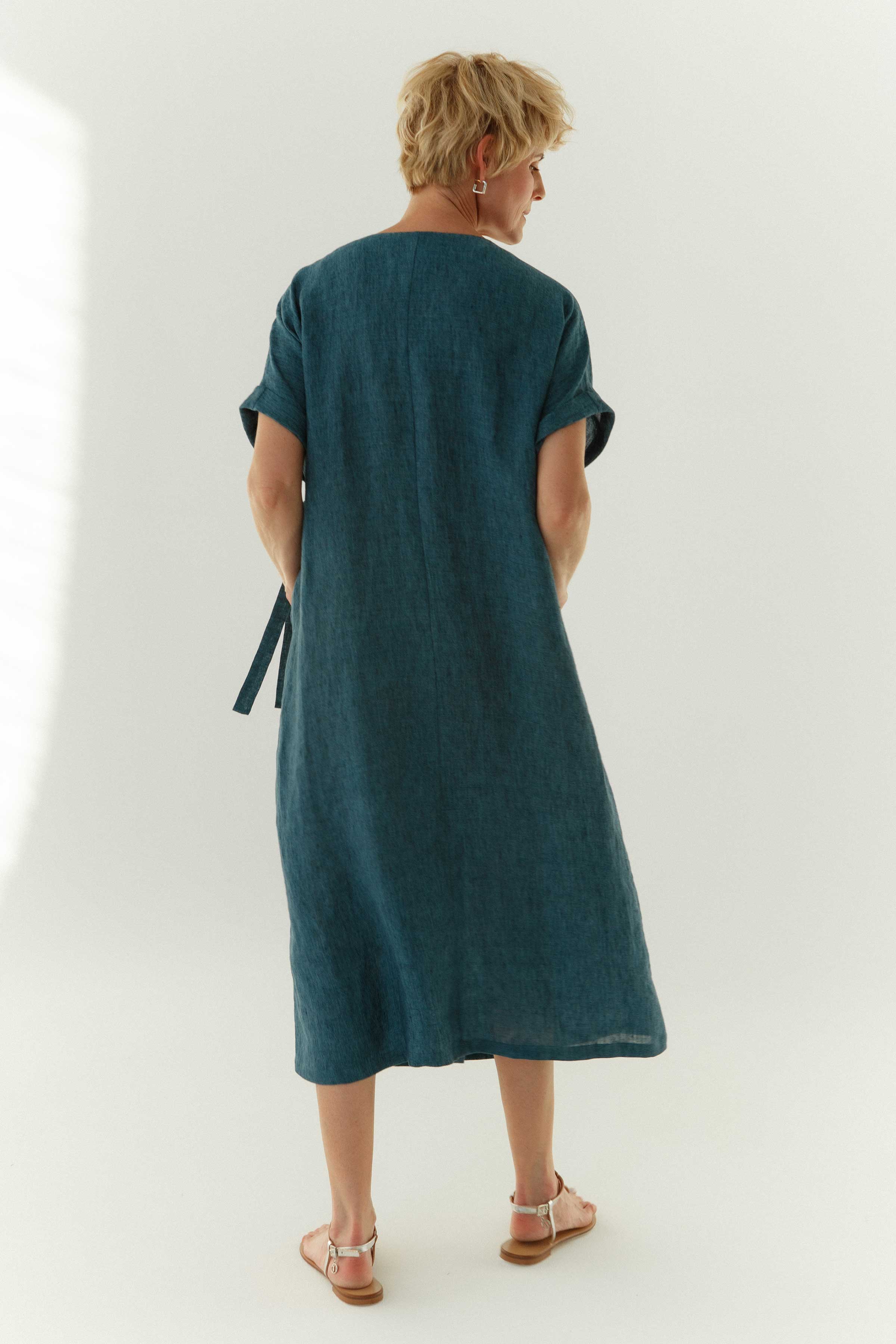 Платье Имитация запаха, облегчённый лён 38 Джинсовый (denim) от Lesel (Лесель)! Заказывайте по ✆ 8 (800) 777 02 37