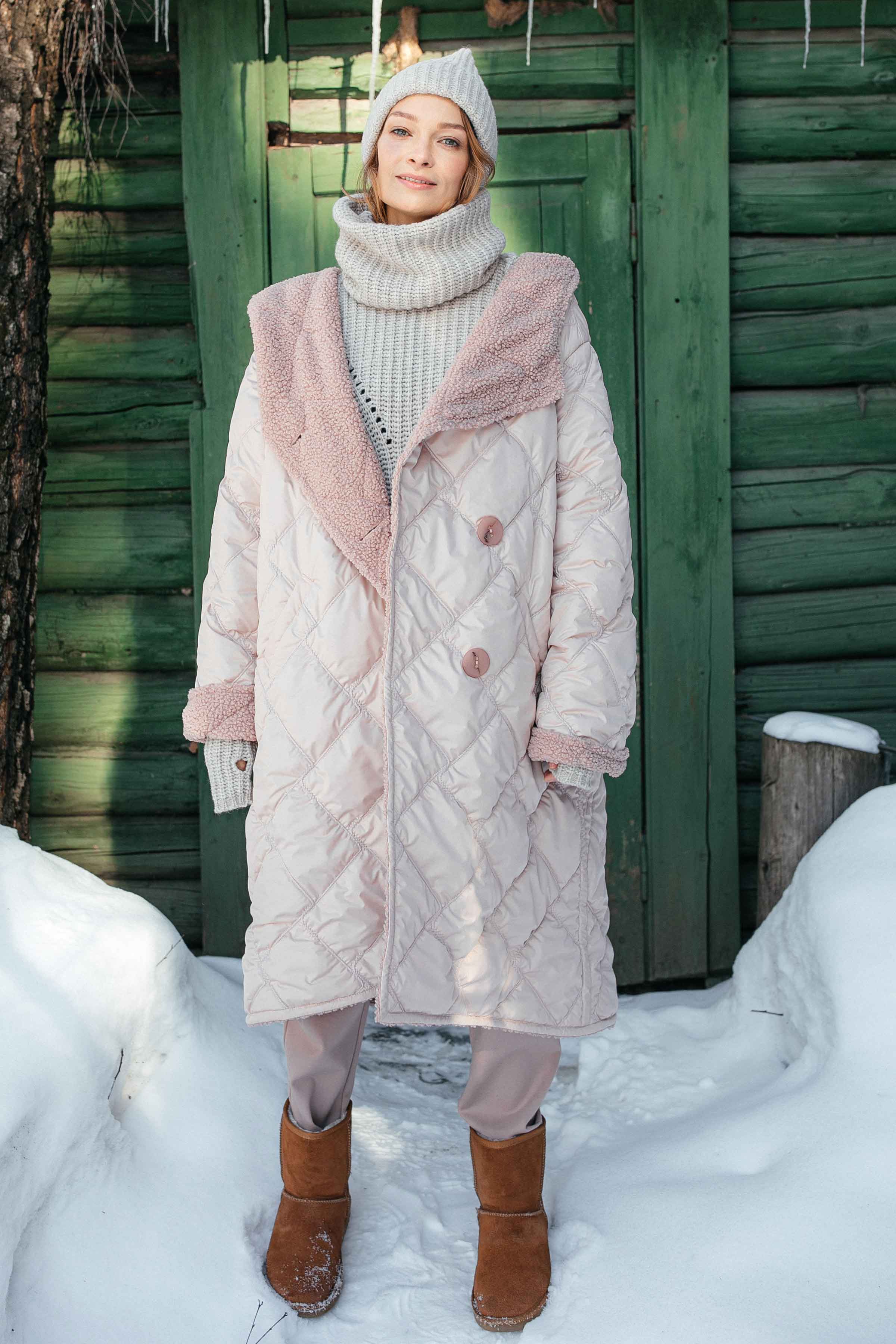 Пальто Стежка мех с капюшоном 41 Розовый мрамор (marbre rose) от Lesel (Лесель)! Заказывайте по ✆ 8 (800) 777 02 37