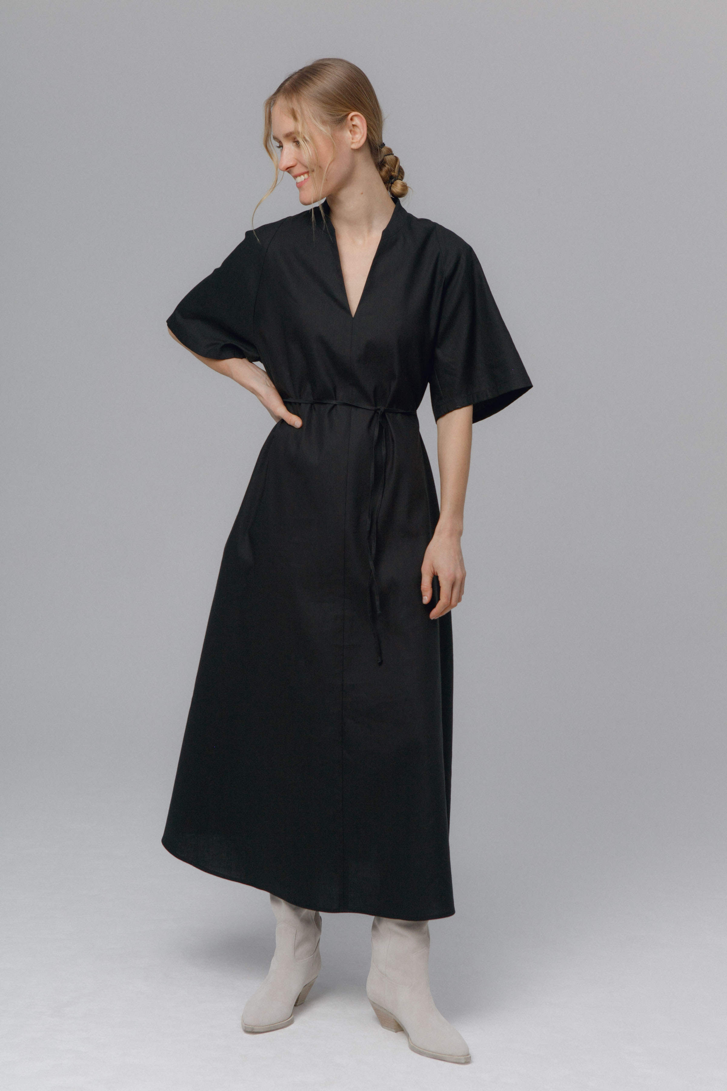 Платье Реглан, завязки, лён 00 Черный (noir) от Lesel (Лесель)! Заказывайте по ✆ 8 (800) 777 02 37