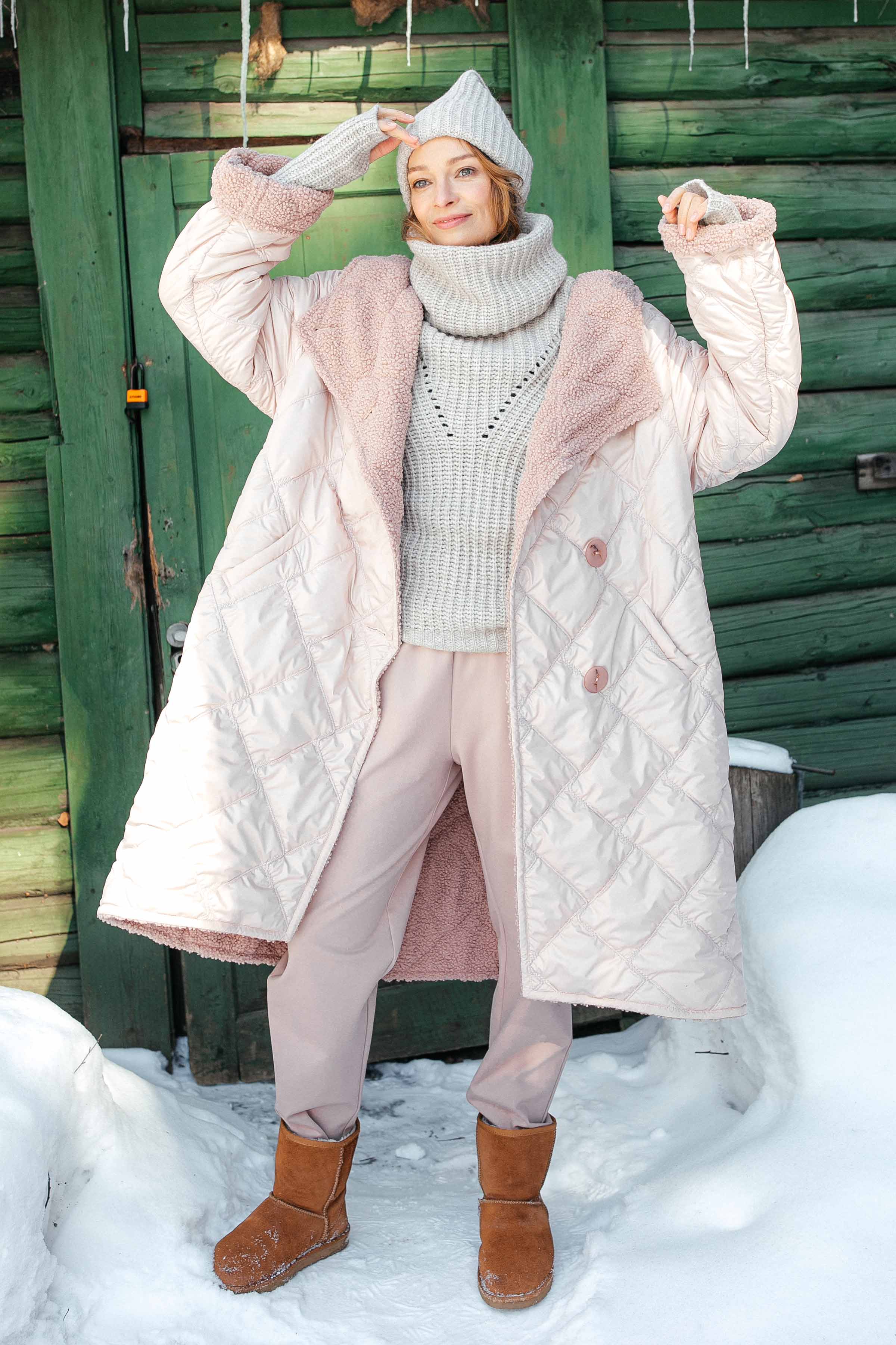 Пальто Стежка мех с капюшоном 41 Розовый мрамор (marbre rose) от Lesel (Лесель)! Заказывайте по ✆ 8 (800) 777 02 37
