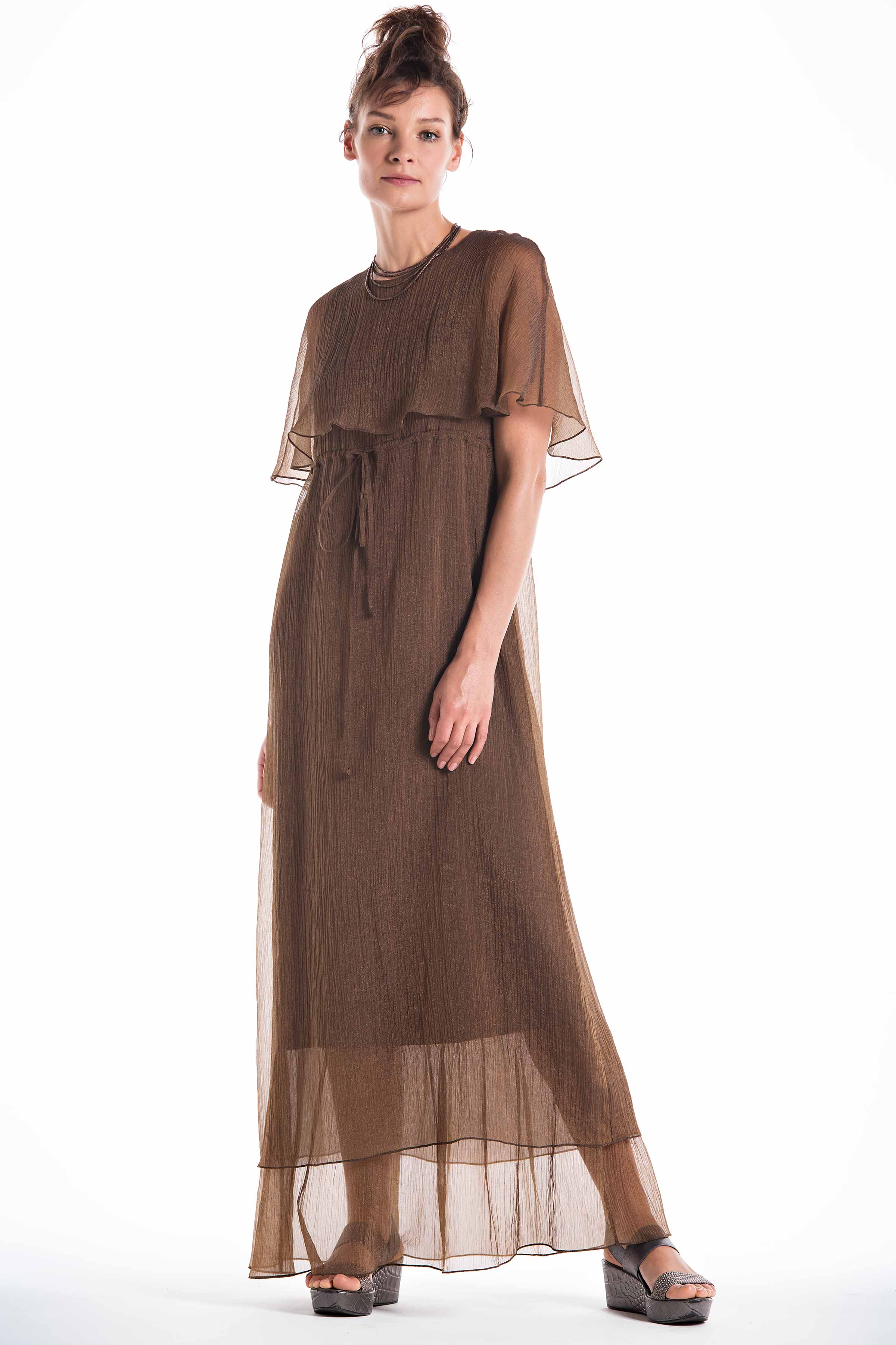 Платье с пелериной длинное, жатка-вуаль 89 Темная бронза (bronze  fonce) от Lesel (Лесель)! Заказывайте по ✆ 8 (800) 777 02 37