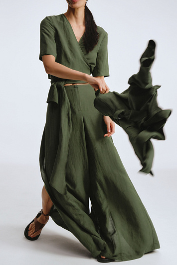 Брюки прямые с отлетными деталями, тонкий лен